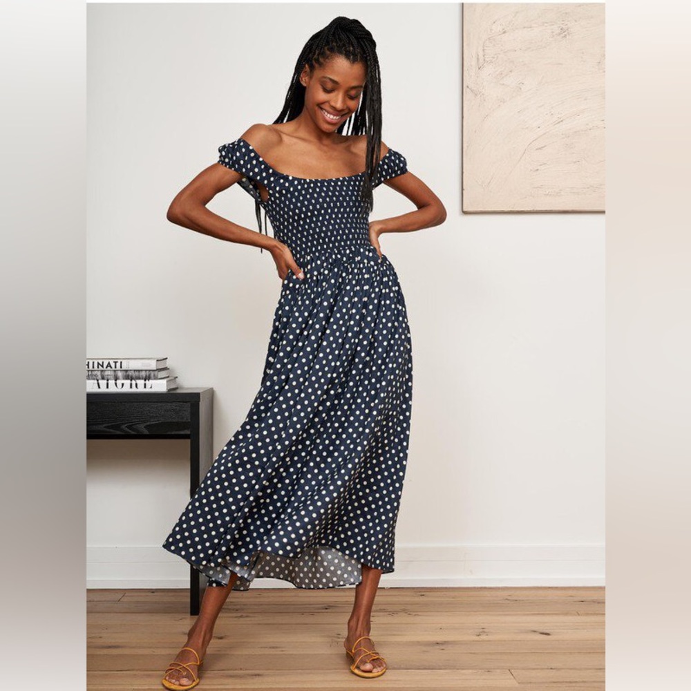 La Ligne Vivian Dress in navy blue polka dot